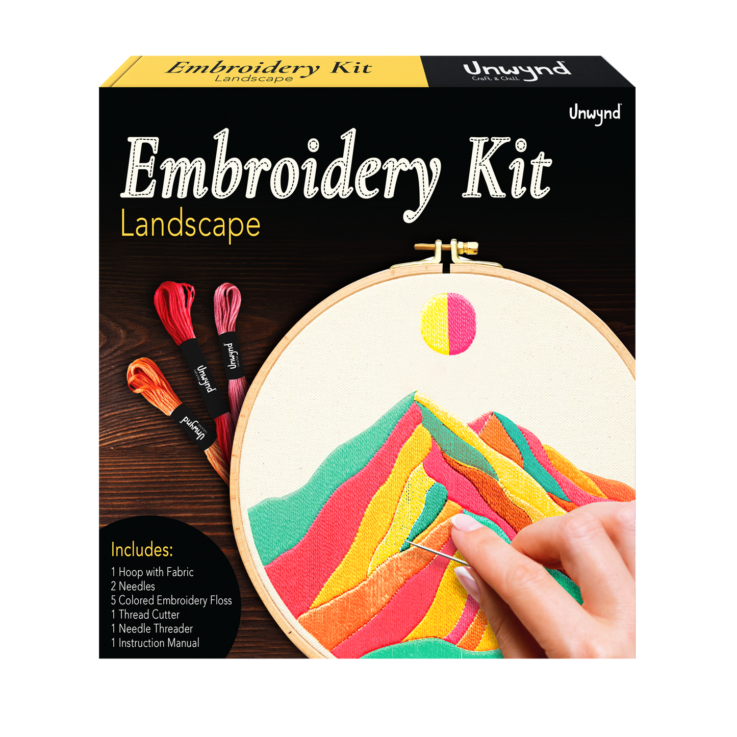 Unwynd Embroidery Kit Landscape Theme for Beginners, Satin Stitch Hand Embroidery Kit for Adults, Easy DIY Crafts, Starter Set with Mountain Sun Pattern