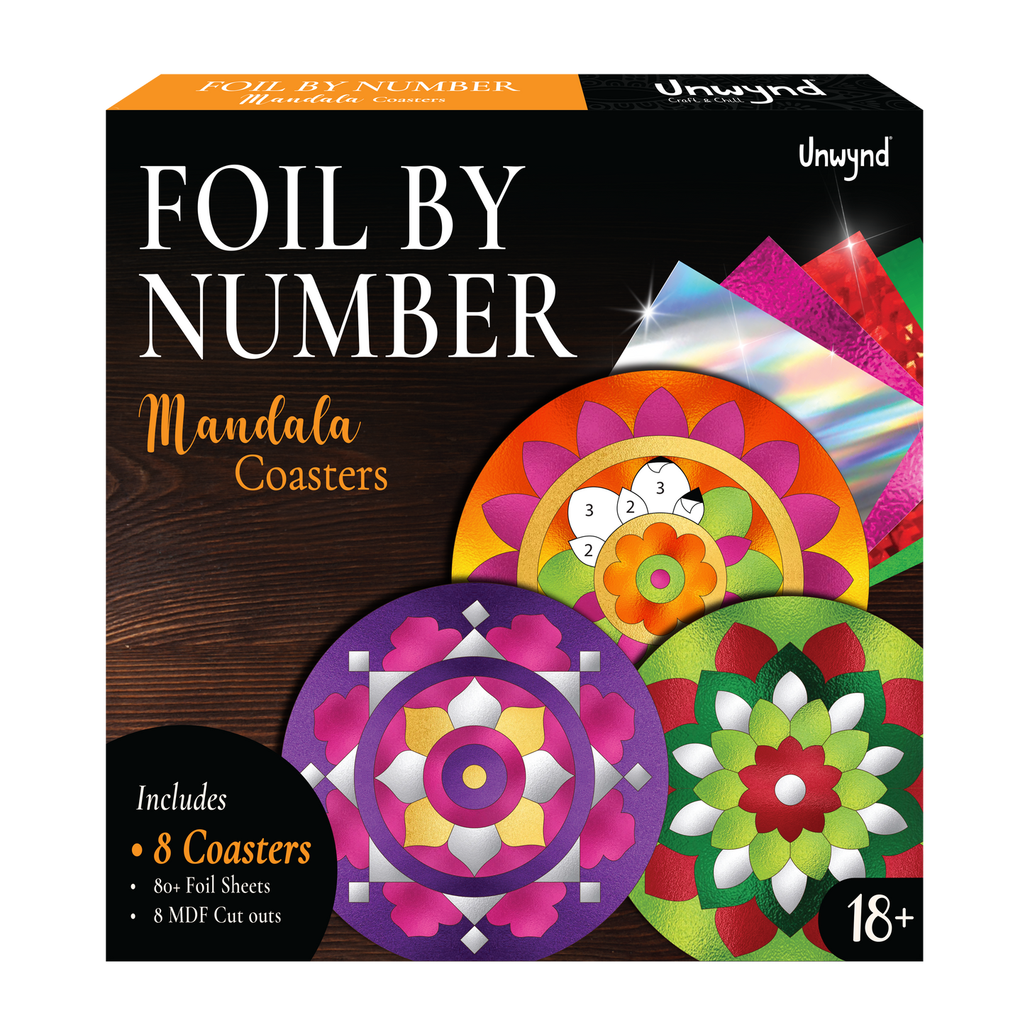 Unwynd Foil by Number Mandala Coaster Kit, 8 Pc DIY Foil Art Kit for Adults, Just Like Paint by Number Kits, Relaxing Arts & Crafts Coaster Set, Craft Gift for Teen & Women