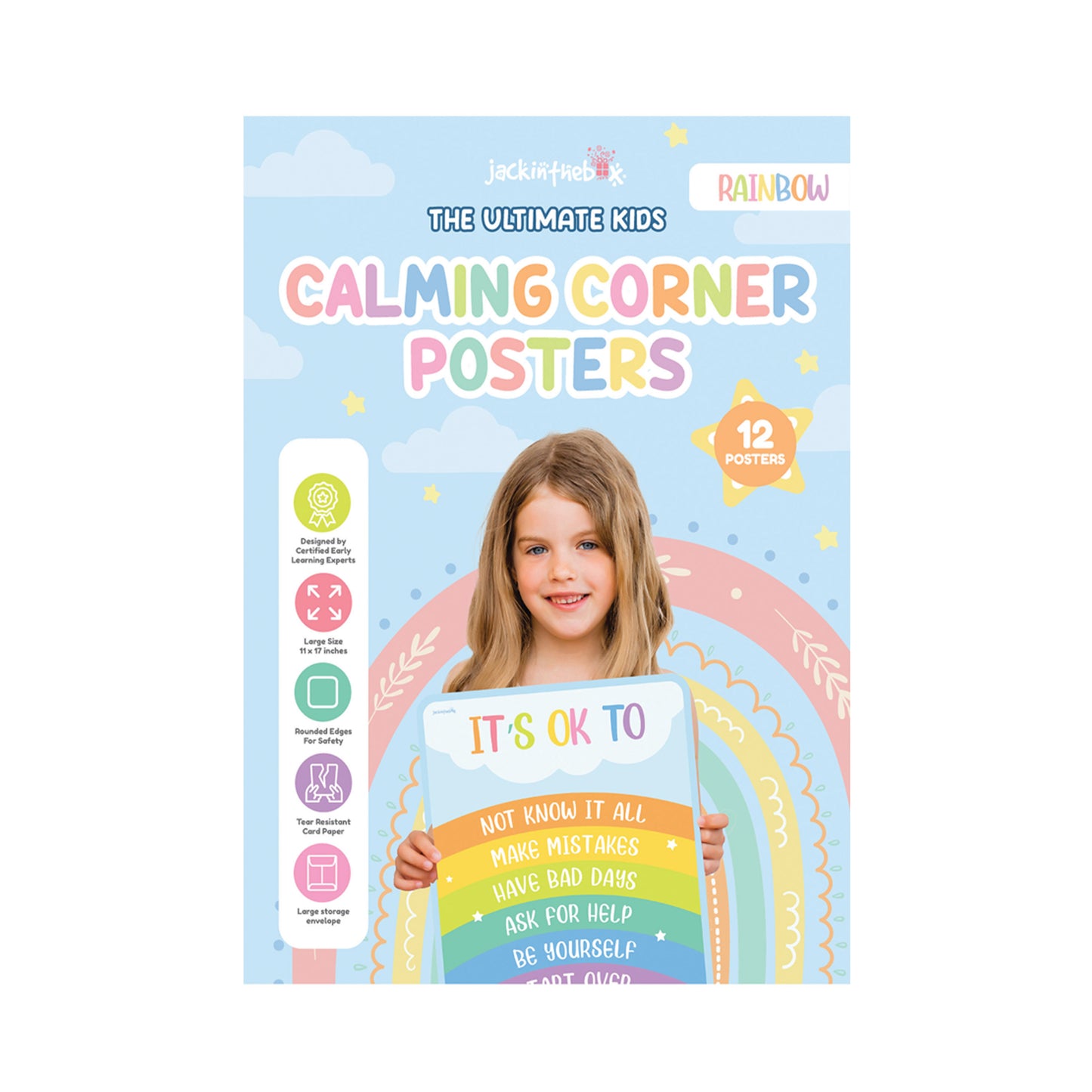 jackinthebox 12 Calming Corner Posters with Gold Foil Embedded Stars - 12 x 17 inches Laminated Classroom Decor Posters, Calm Down Corner Supplies, Emotions Charts for Kids, Calming Corner Items Kids