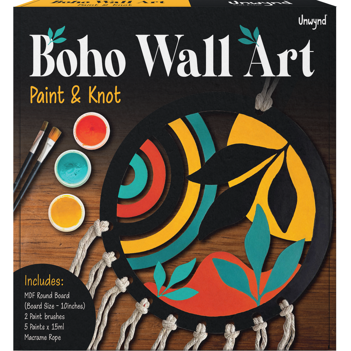 Unwynd Boho Wall Art – Paint & Knot Craft Kit – Paint 10" MDF Round Cutout and Learn Beautiful Macrame Knots, Creative Craft Activity for Adults, Ideal for Home Decoration, Perfect Creative Gift for Adults and Teens