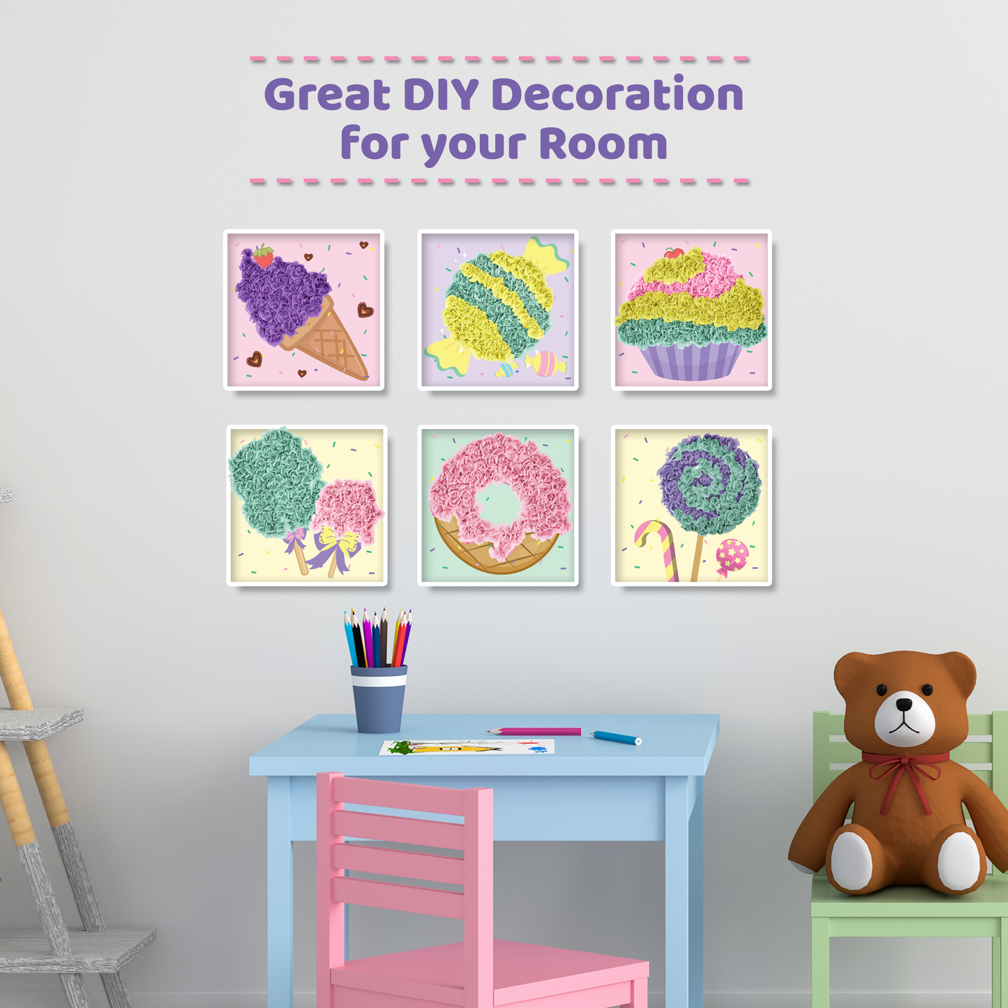 jackinthebox Poke Poke Art – Candyland Theme Elements Like Cupcake, Candy, Ice Cream, Lollipop, Donut, Candyfloss, Mess-Free Sewing Art for Kids, Great Gift for Girls and Boys Ages 4 5 6 7 8