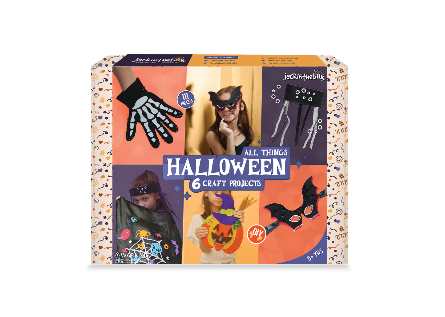 jackinthebox Halloween Crafts for Kids | Contains 6 Chunky Craft Projects | Great Halloween Costume for Kids | Incl. Halloween Cape, Pumpkin Pouch, Skeleton Glove, Bat Mask, Spider Hat & Recipe Only