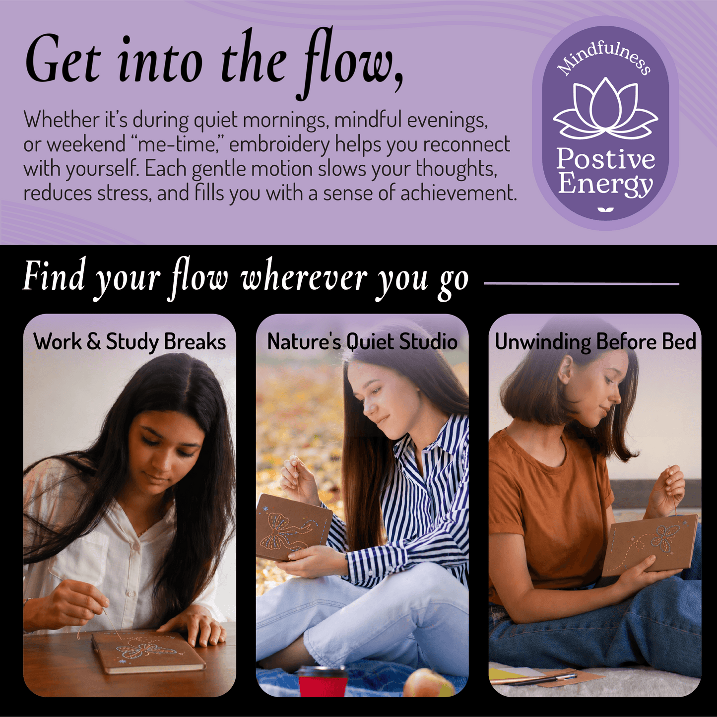 Unwynd Pretty Embroidery Notebook Kit – beginner embroidery kit for adults used during work breaks, outdoors and before bed as a mindful craft hobby
