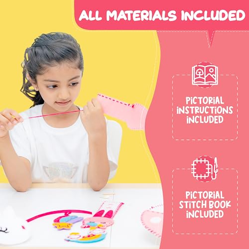 jackinthebox Learn to Sew | Unicorn Theme Kids Sewing kit with 6 Sewing Crafts | Sewing kit for Kids Ages 6 7 8 9 10 | Premium Quality Felt | Has pre-Punched Holes & Easy-to-Follow Instructions