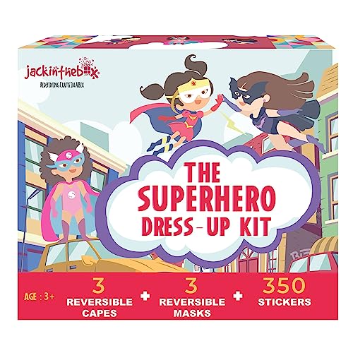 jackinthebox Superhero Dress Up Costumes for Little Girls | Super hero Capes and Masks | Costumes + Crafts | 3 Printed Superhero Capes, 3 Cool Masks, 350+ stickers to decorate
