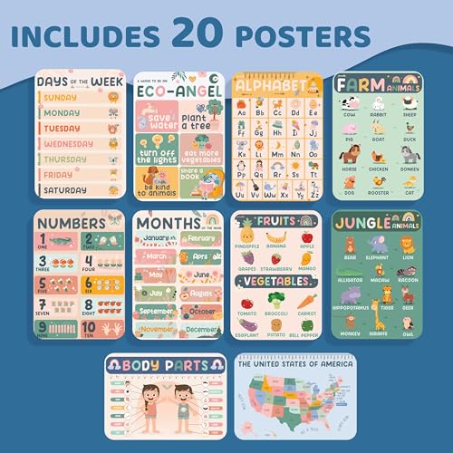 jackinthebox 20 Educational Posters | Homeschool Decorations | Preschool Wall Decor for Toddlers | Kindergarten School Supplies | Classroom Posters | Pre K Learning Poster | BOHO | ABC, Alphabet, Number, Days Chart