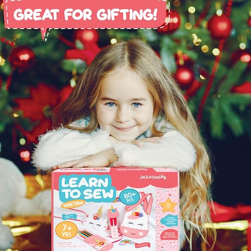 jackinthebox Learn to Sew | Unicorn Theme Kids Sewing kit with 6 Sewing Crafts | Sewing kit for Kids Ages 6 7 8 9 10 | Premium Quality Felt | Has pre-Punched Holes & Easy-to-Follow Instructions