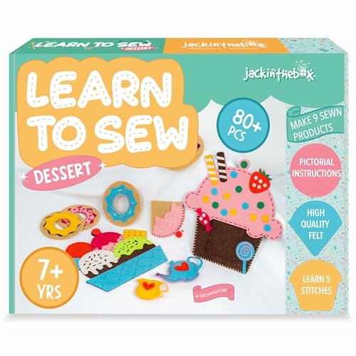 jackinthebox Learn to Sew | Dessert Theme Kids Sewing kit with 6 Sewing Crafts | Sewing kit for Kids Ages 6 7 8 9 10 | Premium Quality Felt | Has pre-Punched Holes & Easy-to-Follow Instructions