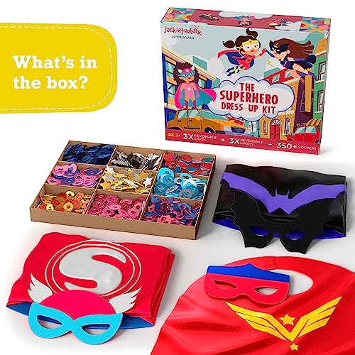 jackinthebox Superhero Dress Up Costumes for Little Girls | Super hero Capes and Masks | Costumes + Crafts | 3 Printed Superhero Capes, 3 Cool Masks, 350+ stickers to decorate