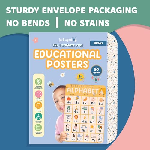 jackinthebox 20 Educational Posters | Homeschool Decorations | Preschool Wall Decor for Toddlers | Kindergarten School Supplies | Classroom Posters | Pre K Learning Poster | BOHO | ABC, Alphabet, Number, Days Chart
