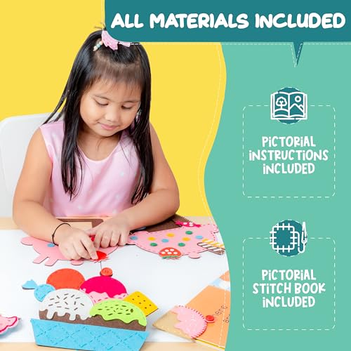 jackinthebox Learn to Sew | Dessert Theme Kids Sewing kit with 6 Sewing Crafts | Sewing kit for Kids Ages 6 7 8 9 10 | Premium Quality Felt | Has pre-Punched Holes & Easy-to-Follow Instructions
