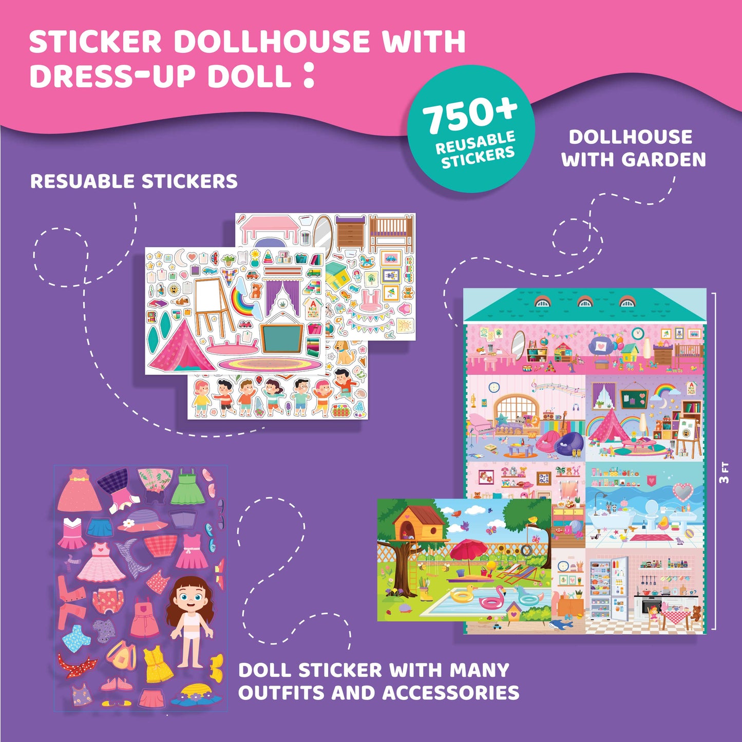 Sticker Dollhouse – Design Your Dream Doll House with 750+ Reusable Stickers, Interactive Pretend Play Set for Kids, Gifts for Girls Ages 3 4 5 6 7 8