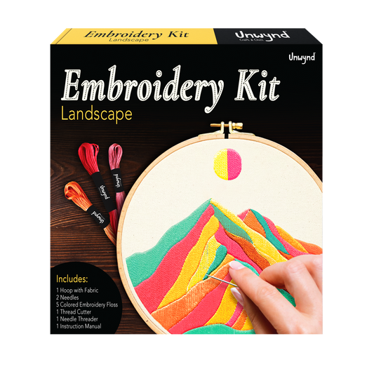 Unwynd Embroidery Kit Landscape Theme for Beginners, Satin Stitch Hand Embroidery Kit for Adults, Easy DIY Crafts, Starter Set with Mountain Sun Pattern