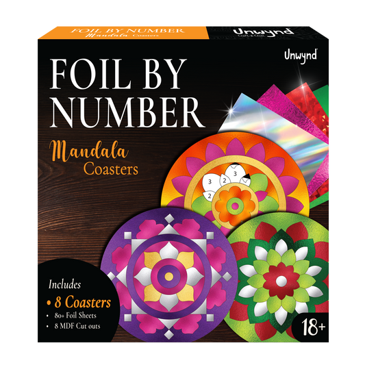 Unwynd Foil by Number Mandala Coaster Kit, 8 Pc DIY Foil Art Kit for Adults, Just Like Paint by Number Kits, Relaxing Arts & Crafts Coaster Set, Craft Gift for Teen & Women