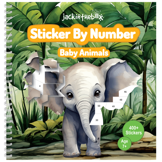 jackinthebox Sticker by Number Book, 12 Scenes Puzzle Paint by Sticker Book + Colouring Pages, Gifts for Birthday, Party Favor Toys for Girls, Arts & Crafts for Kids Age 7 8 9 10 (Baby Animals)