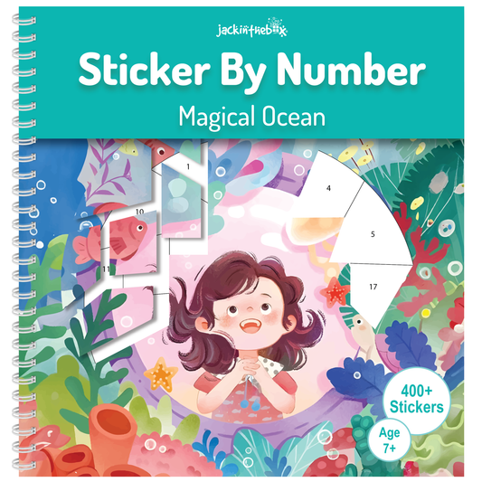 jackinthebox Sticker by Number Book Magical Ocean, 12 Scenes Puzzle Paint by Sticker Book + Coloring Pages, Gifts for Birthday, Party Favour Toys for Girls & Boys, Arts & Crafts for Kids Age 7 8 9 10