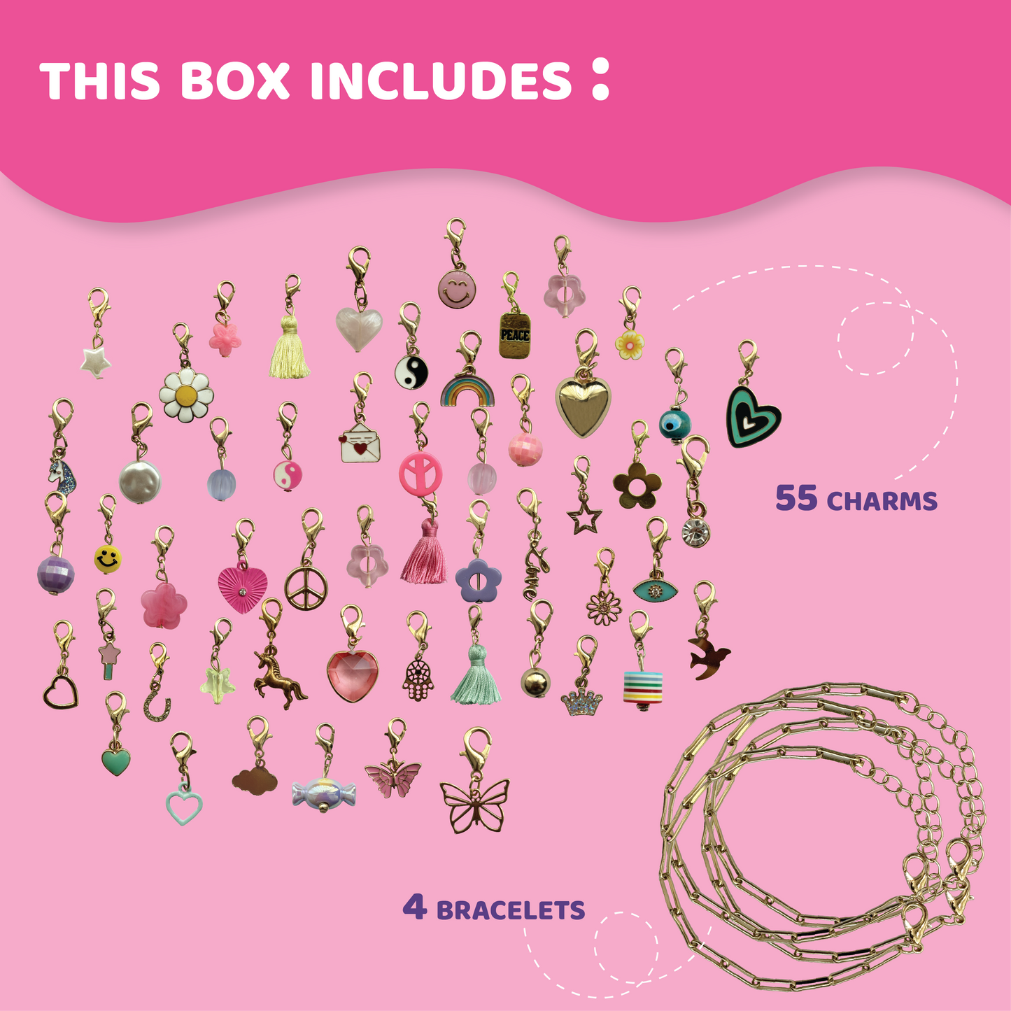 jackinthebox Girls Charm Bracelet Making kit | Includes 4 Bracelets & 55 Charms |Kids Jewelry Making kit for Girls 8-12 | Gifts for 8 9 10 11 12 Year Old Girls | Girl Toys 8-10 Years Old