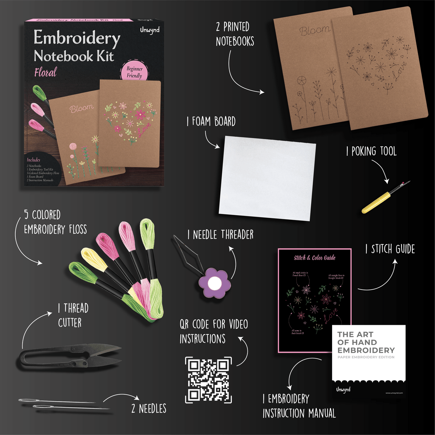 Unwynd Embroidery Notebook Kit – Floral Set of 2
