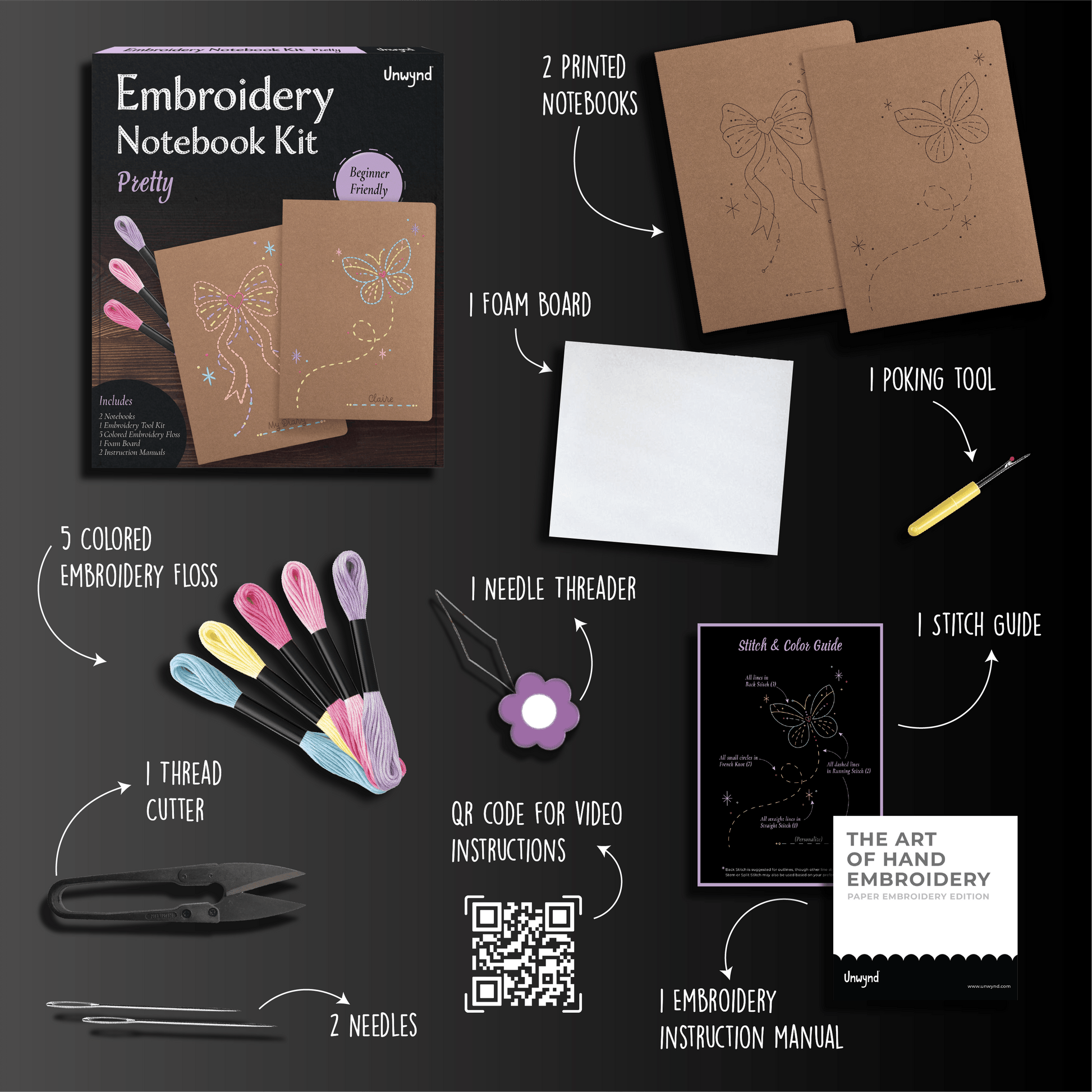 What's inside the Unwynd Pretty Embroidery Notebook Kit – 2 pre-printed notebooks, 5 pastel floss colors, needles, foam board and stitch guide