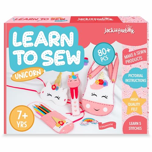 jackinthebox Learn to Sew | Unicorn Theme Kids Sewing kit with 6 Sewing Crafts | Sewing kit for Kids Ages 6 7 8 9 10 | Premium Quality Felt | Has pre-Punched Holes & Easy-to-Follow Instructions
