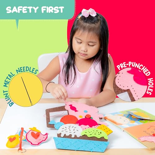 jackinthebox Learn to Sew | Dessert Theme Kids Sewing kit with 6 Sewing Crafts | Sewing kit for Kids Ages 6 7 8 9 10 | Premium Quality Felt | Has pre-Punched Holes & Easy-to-Follow Instructions